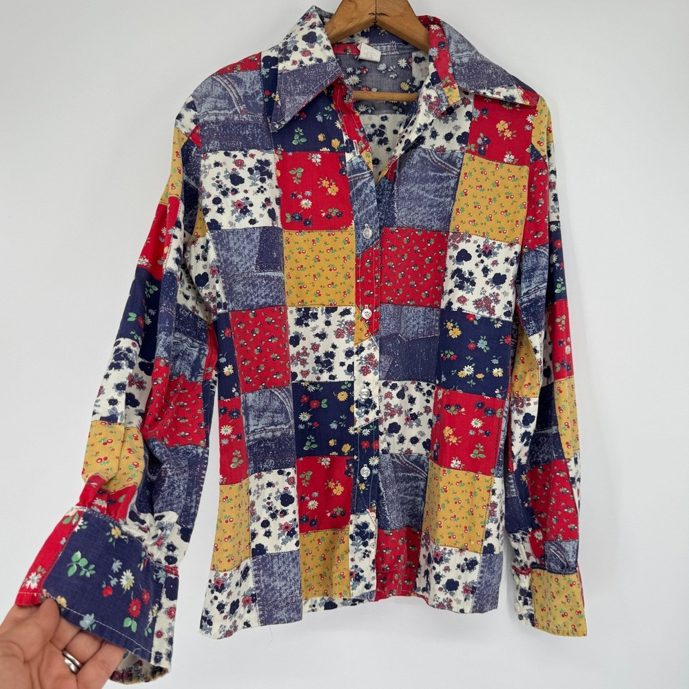 Vintage 70s Patchwork Button Down Shirt L Cotton Blend Floral Boho Cottagecore